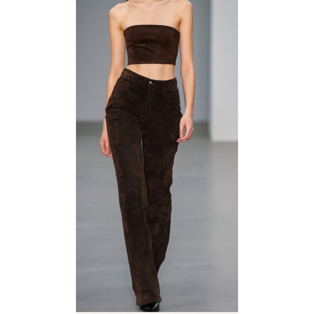 Chico's Suede Brown 100% Leather Women's Pants Size 25 Seam Detailing
